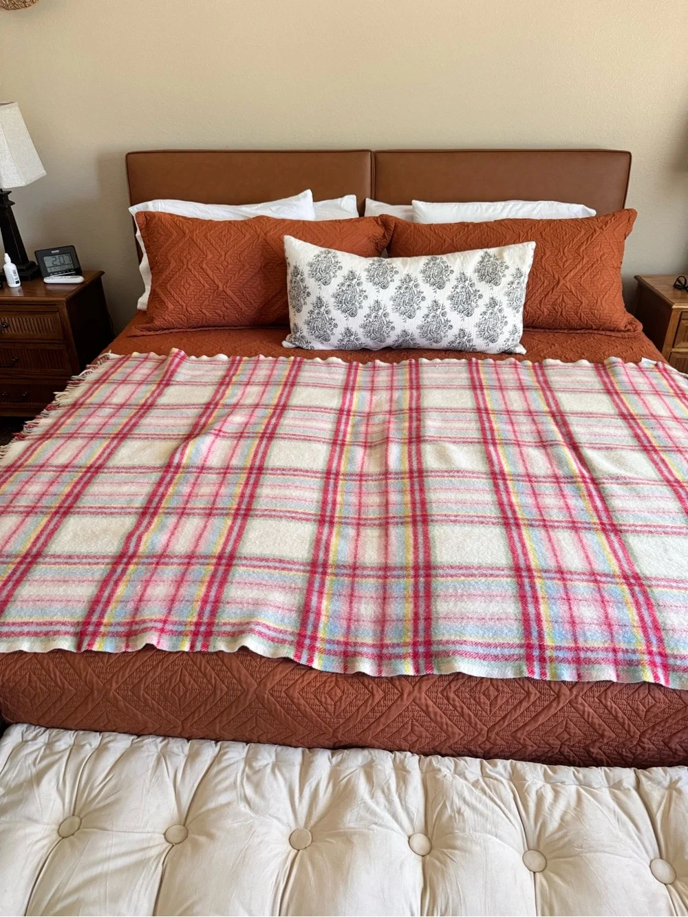 Vintage IKEA 100% Pure New Wool Throw Blanket Pastel Plaid Fringe 60x47